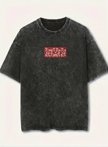 "Spirit Steed" Horse Embroidery Acid Wash Black Oversized Premium Winter Wear T-Shirt